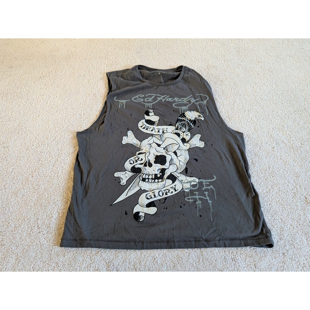 Ed Hardy Men Tank Top Death or Glory Skull Tattoo Gray Large L1784